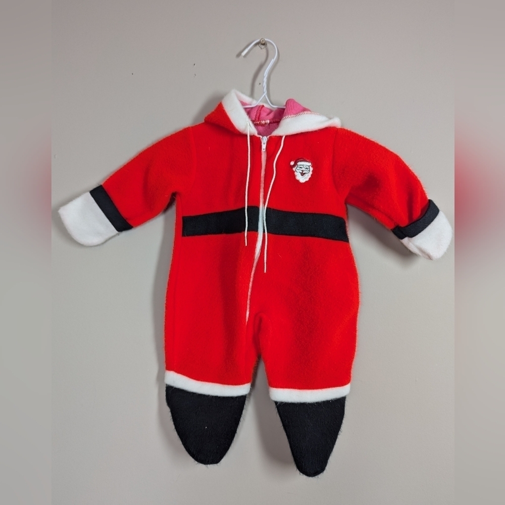 Vintage Baby Santa Suit Fleece Hooded Onesie Red White Black Christmas Outfit